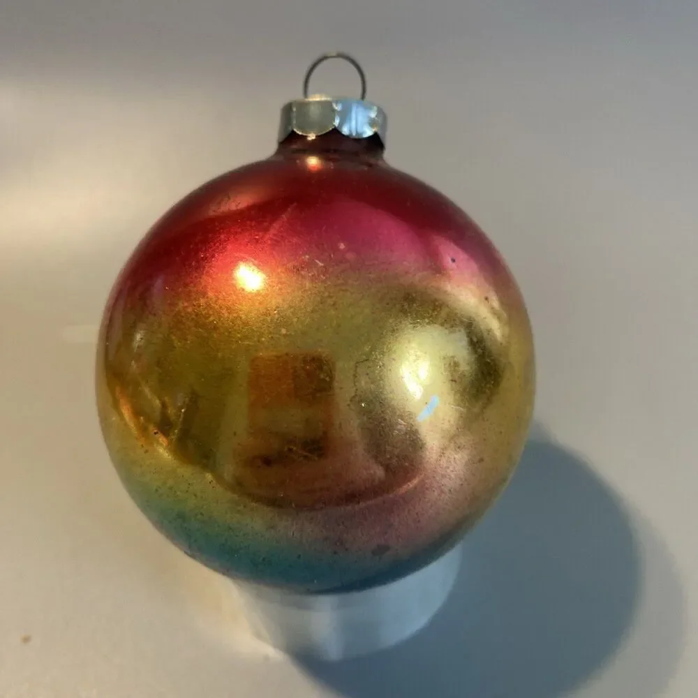 Vintage Christmas Ombre Glass Ornament Hand Made In USA Blue Red Pink Gold Fade